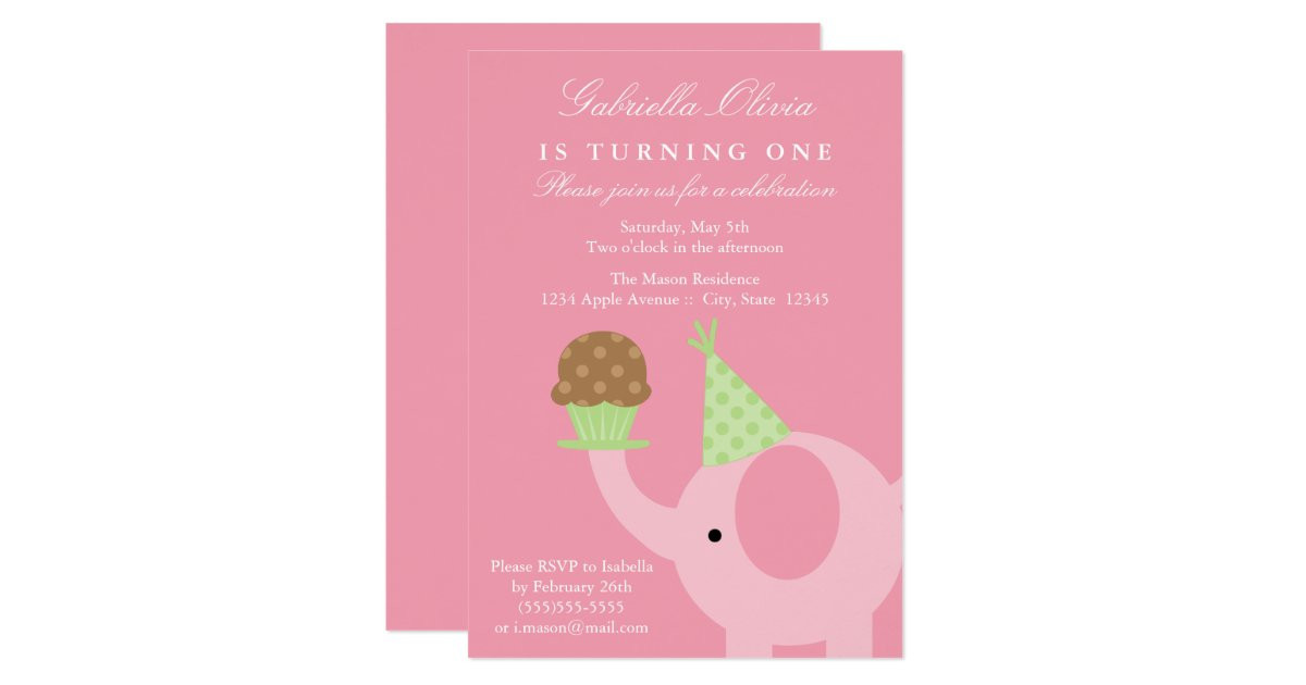 Elephant Birthday Invitations
 5x7 Pink Elephant Birthday Invitation