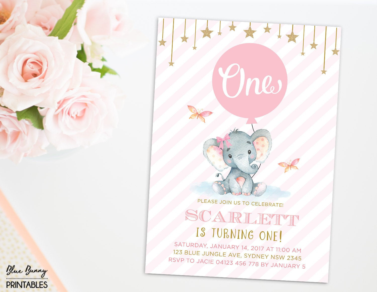 Elephant Birthday Invitations
 Elephant First Birthday Invitation Pink and Gold Party