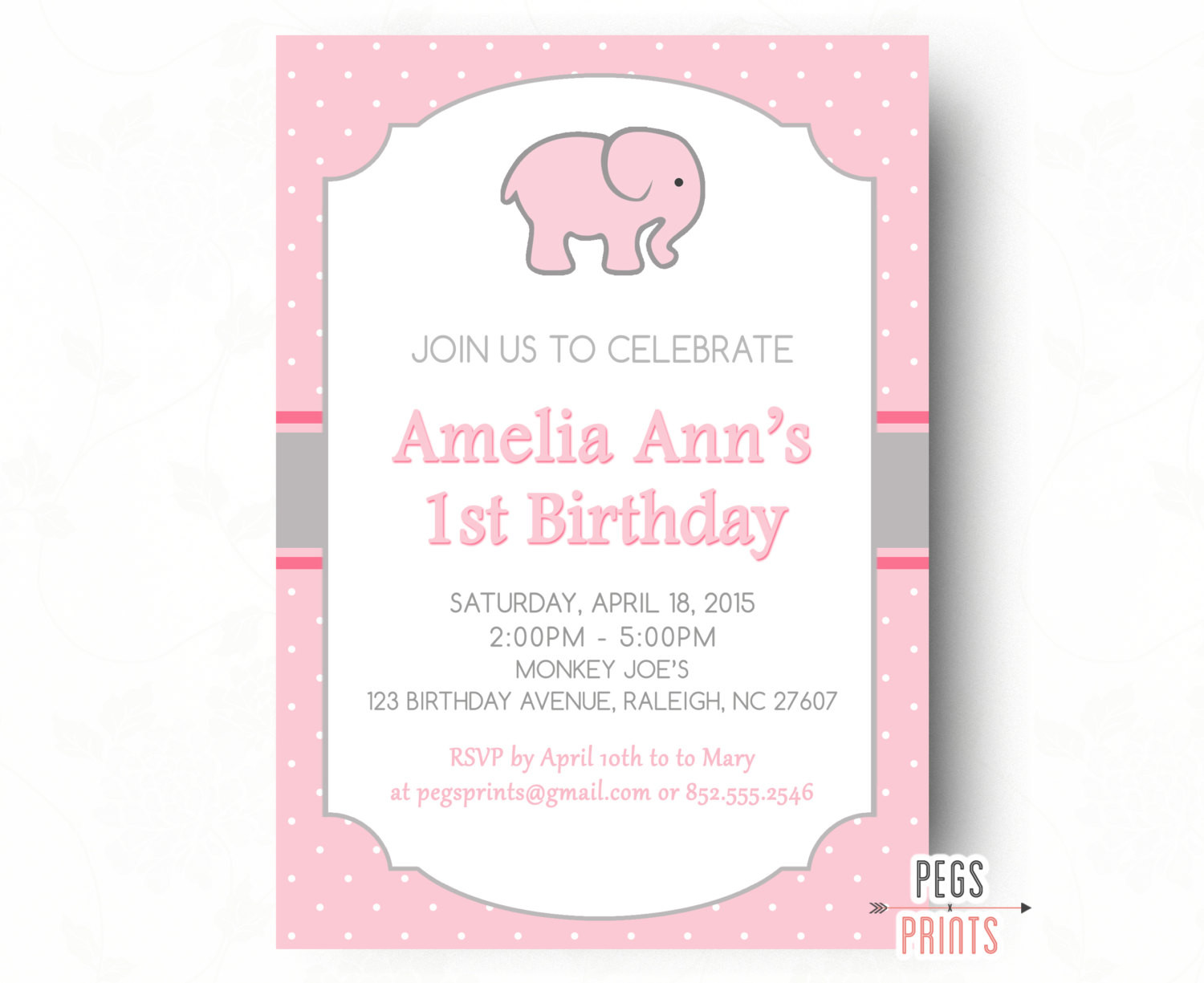 Elephant Birthday Invitations
 Elephant Birthday Invitation 1st Birthday Invitation Girl