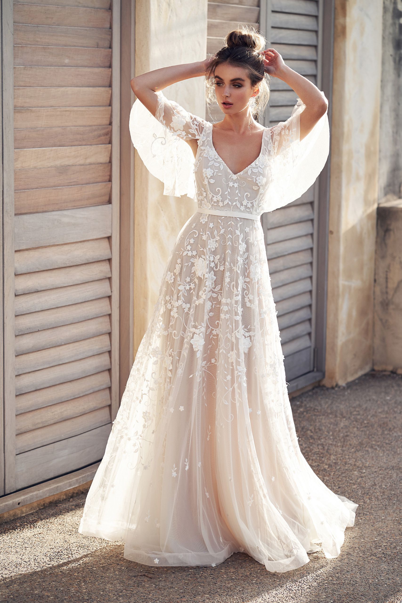 Embroidered Wedding Dress
 3D Floral Embroidered V neck A line Wedding Dress With