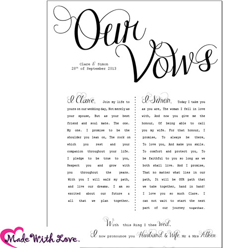 Examples Of Personal Wedding Vows
 Wedding Vows printed with your personal wording Perfect