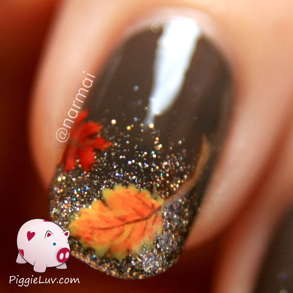 Fall Leaf Nail Designs
 PiggieLuv Fall nail art Autumn leaves on glitter gra nt
