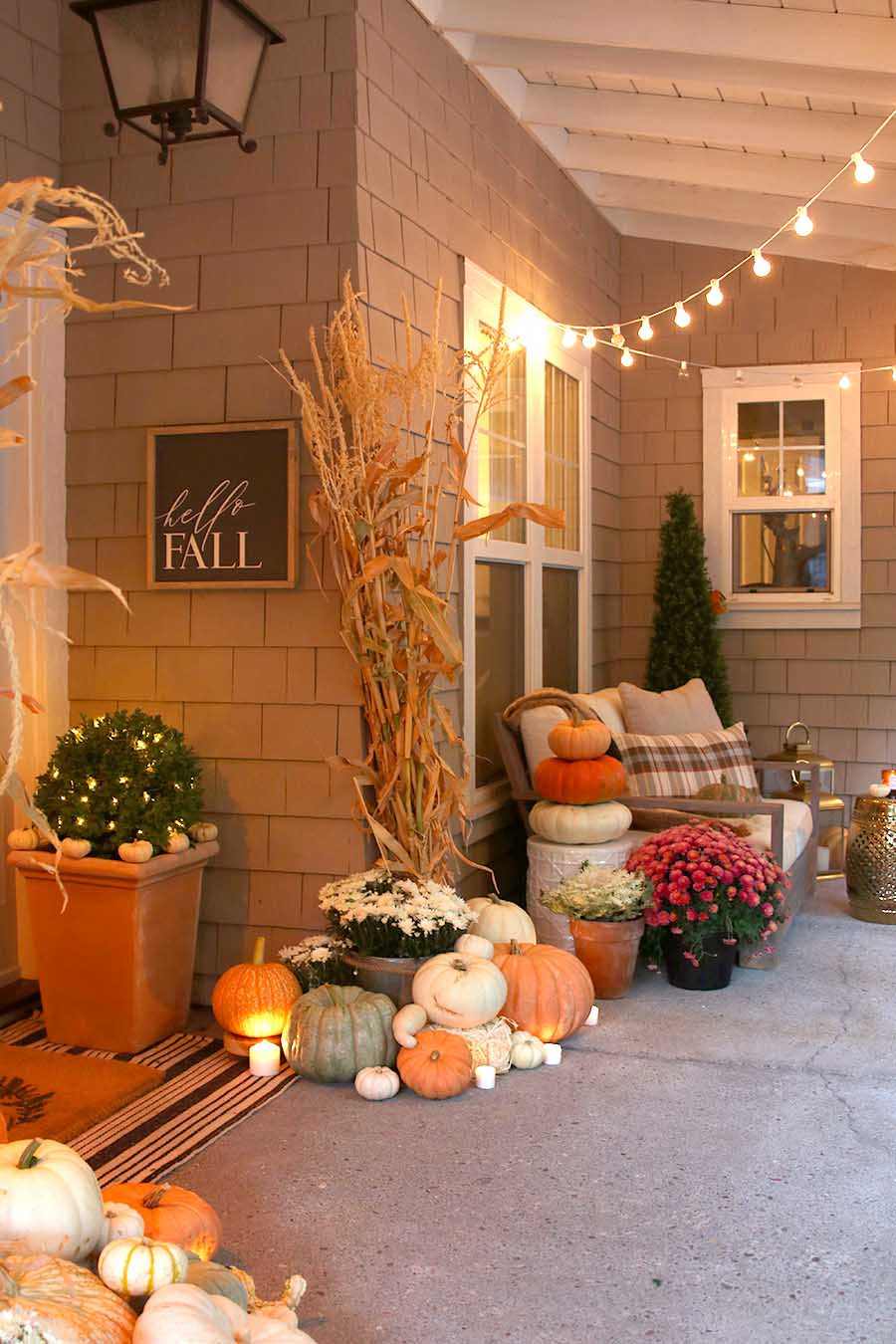 Fall Porch Decor
 Neutral Fall Porch Decor with Pumpkins and Cornstalks