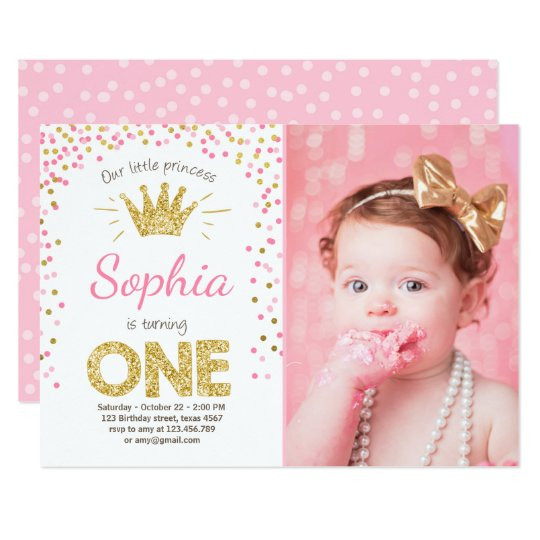 First Birthday Girl Invitations
 First birthday invitation Princess Gold Pink