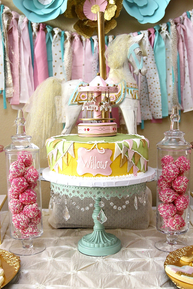 First Birthday Party Decorations
 A Pink & Gold Carousel 1st Birthday Party Party Ideas