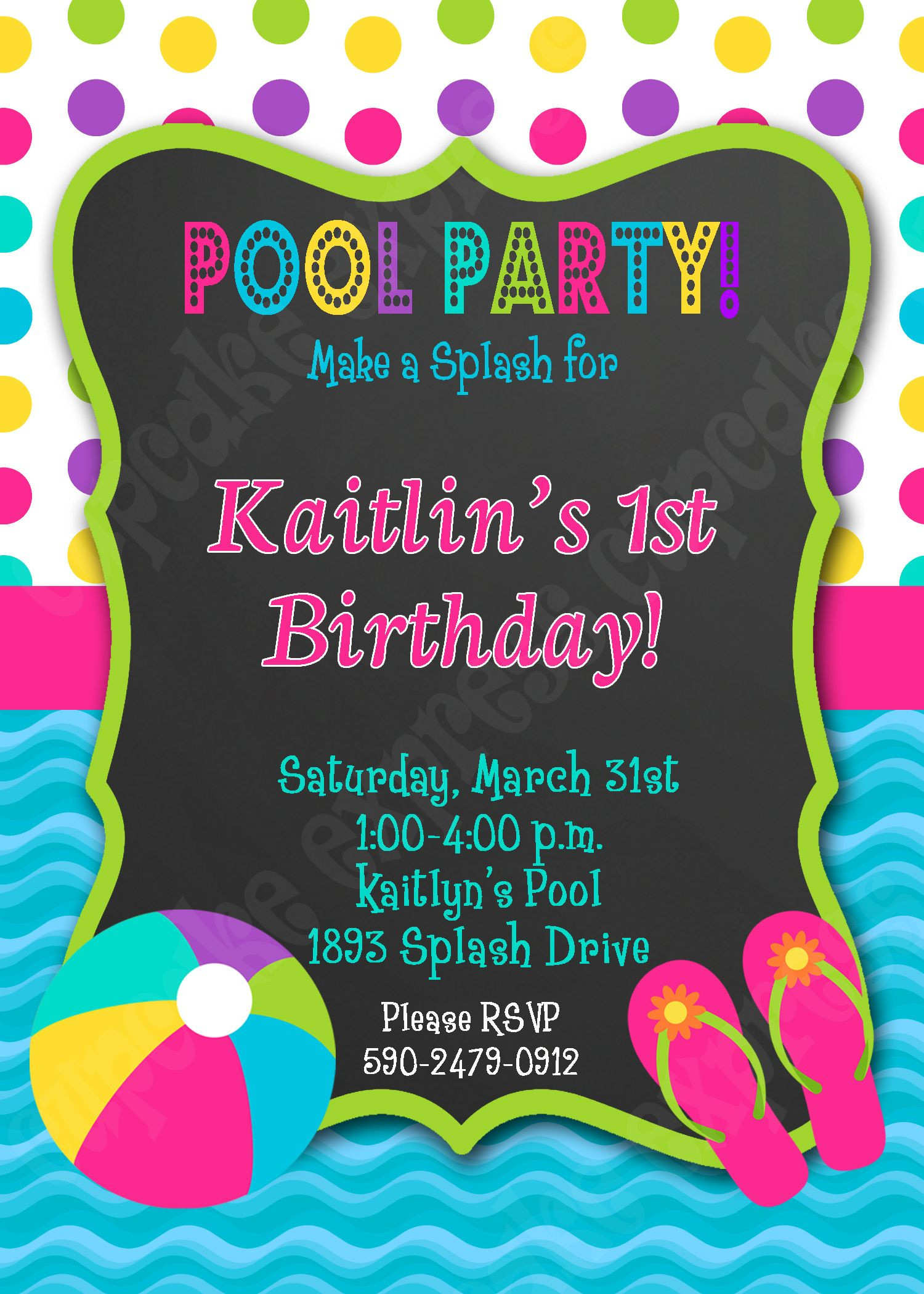 First Birthday Pool Party Ideas
 Pool Party Invitation Girls Birthday Party PRINTABLE 5x7