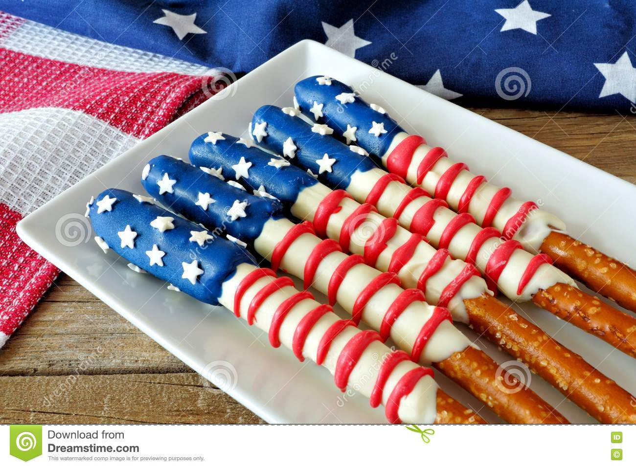 Fourth Of July Pretzels
 Fourth July American Flag Pretzel Rods Plate Stock
