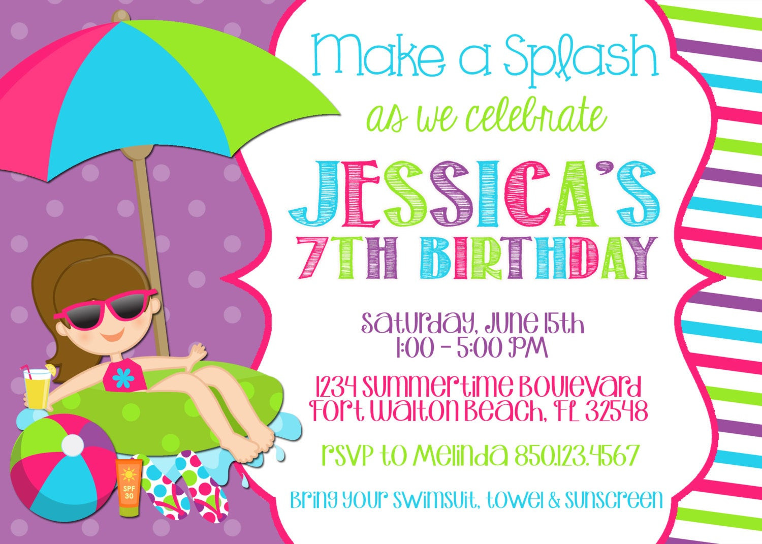 Free Printable Pool Party Birthday Invitations
 Swimming Pool 5x7 Invitation Girl Birthday Party PRINTABLE