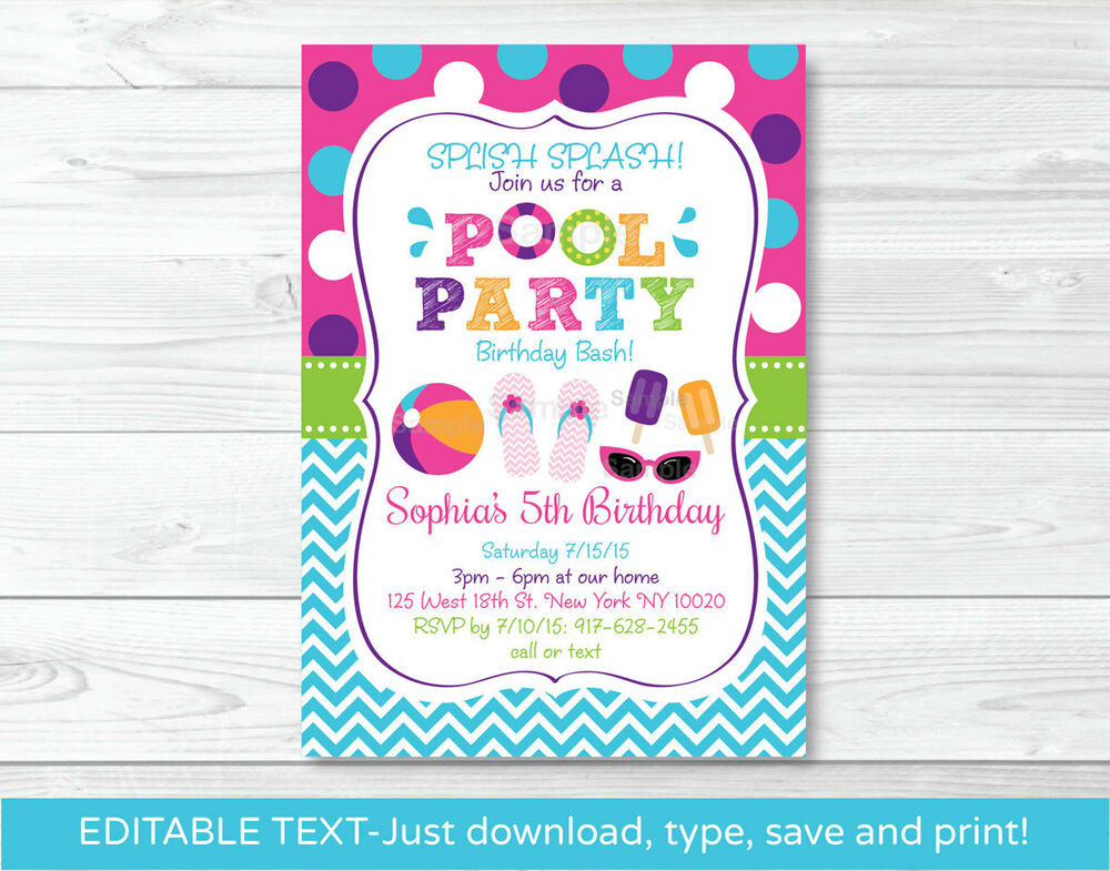 Free Printable Pool Party Birthday Invitations
 Girls Pool Party Printable Birthday Invitation Editable