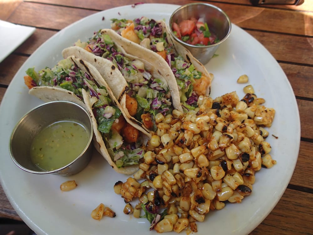Fresh Corn Grill
 Shrimp tacos with a side of corn at Fresh Corn Grill Yelp