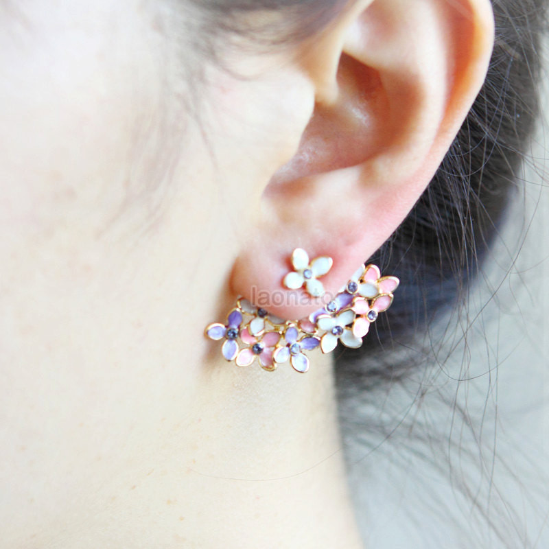 Front And Back Earrings
 Floral Bouquet Earrings Pink and Violet Front Back by