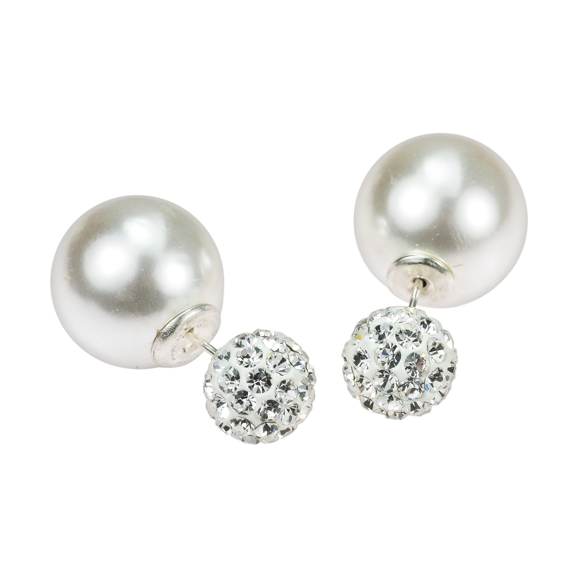 Front And Back Earrings
 Disco Ball White Pearl Reversible 925 Silver Front Back