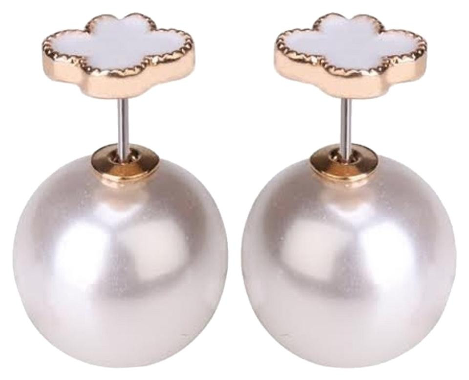Front And Back Earrings
 Double Pearl Back front White Flour leaf clover stud