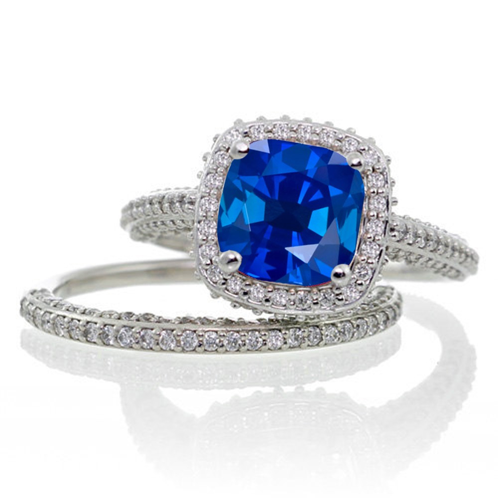 Gemstone Bridal Sets
 2 5 Carat Cushion Cut Designer Sapphire and Diamond Halo