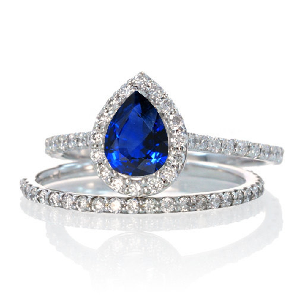 Gemstone Bridal Sets
 2 Carat Pear Cut Sapphire Halo Bridal Set for Woman on 10k