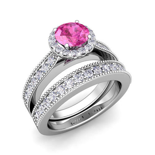 Gemstone Bridal Sets
 Milgrain Diamond Pink Sapphire Engagement Ring Bridal Set
