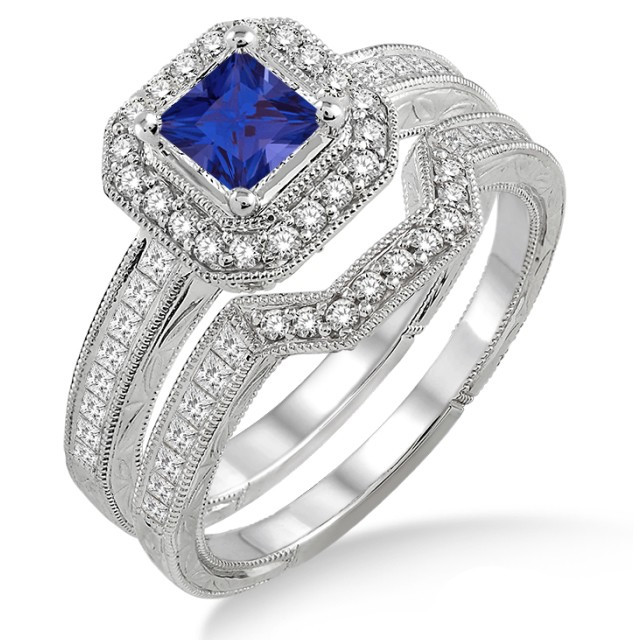 Gemstone Bridal Sets
 2 Carat Sapphire and Diamond Antique Halo Bridal set on
