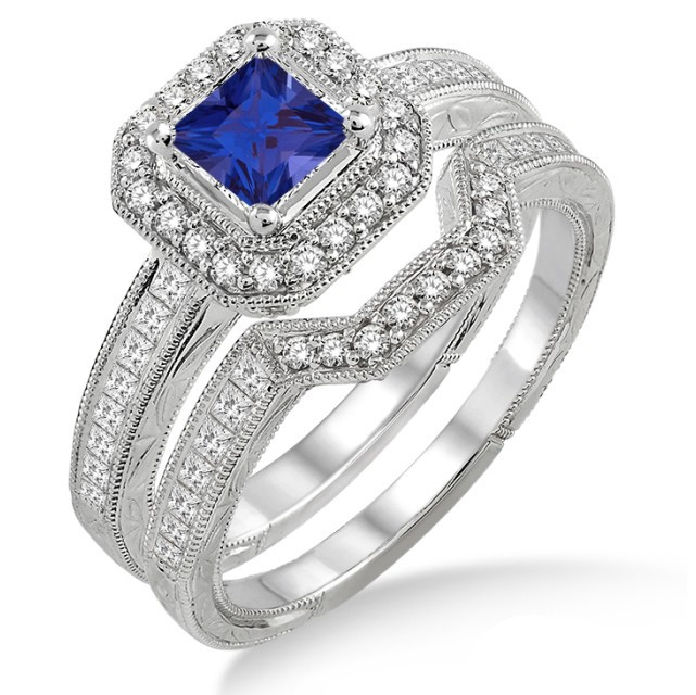 2 Carat Sapphire and Diamond Antique Halo Bridal Set