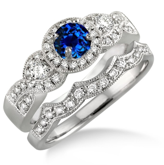 Gemstone Bridal Sets
 1 5 Carat Sapphire and Diamond Halo Bridal Set on 10k