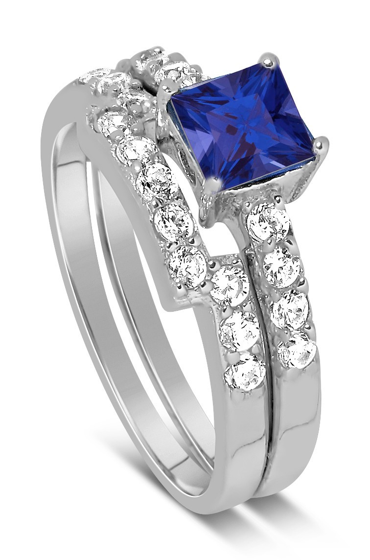 Gemstone Bridal Sets
 Luxurious 2 Carat Princess cut blue sapphire and White