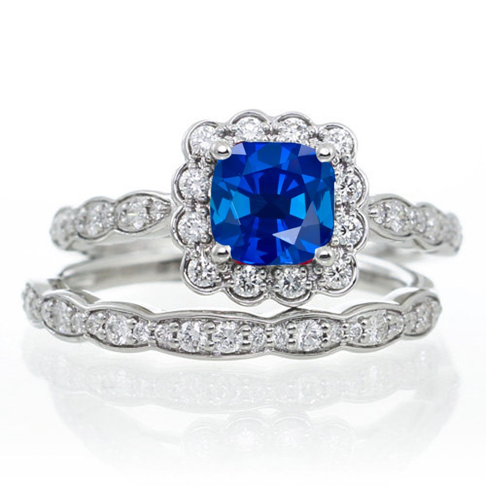 Gemstone Bridal Sets
 2 Carat Princess Cut Sapphire and Diamond Wedding Ring set