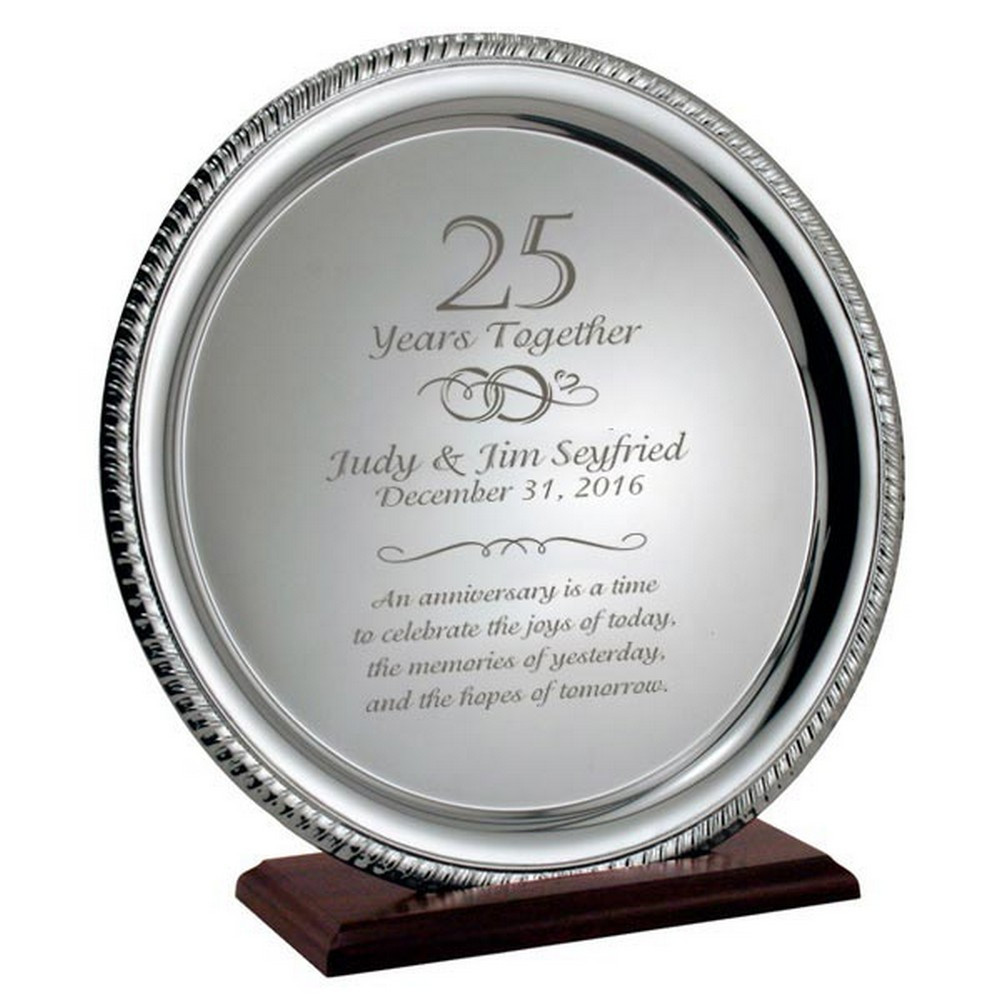 Gift Ideas For 25Th Anniversary
 Silver 25th Anniversary Personalized Plate on Wood Base