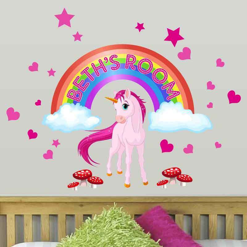 Girls Bedroom Wall Stickers
 Personalised Girls Unicorn Horse Fairy tale rainbow wall