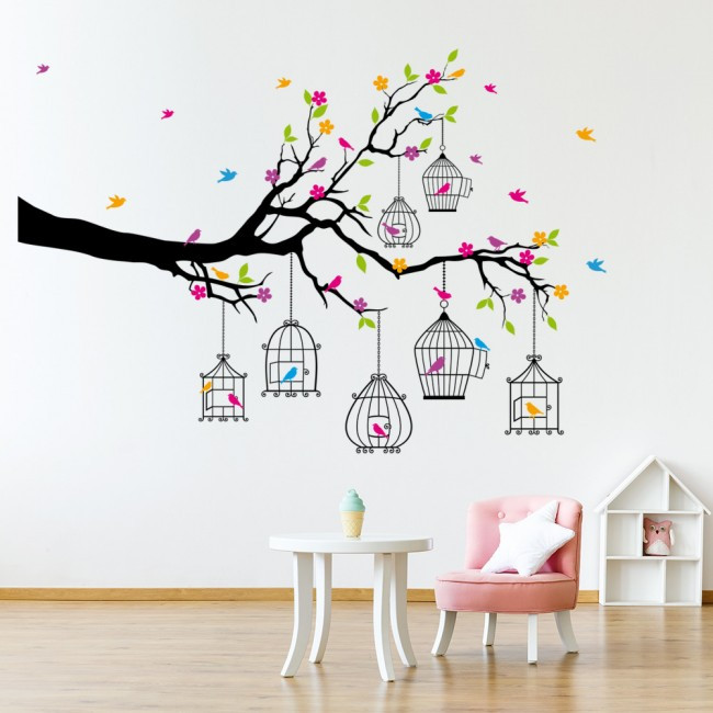 Girls Bedroom Wall Stickers
 Branch & Bird Cages Wall Sticker Animal Tree Wall Decal