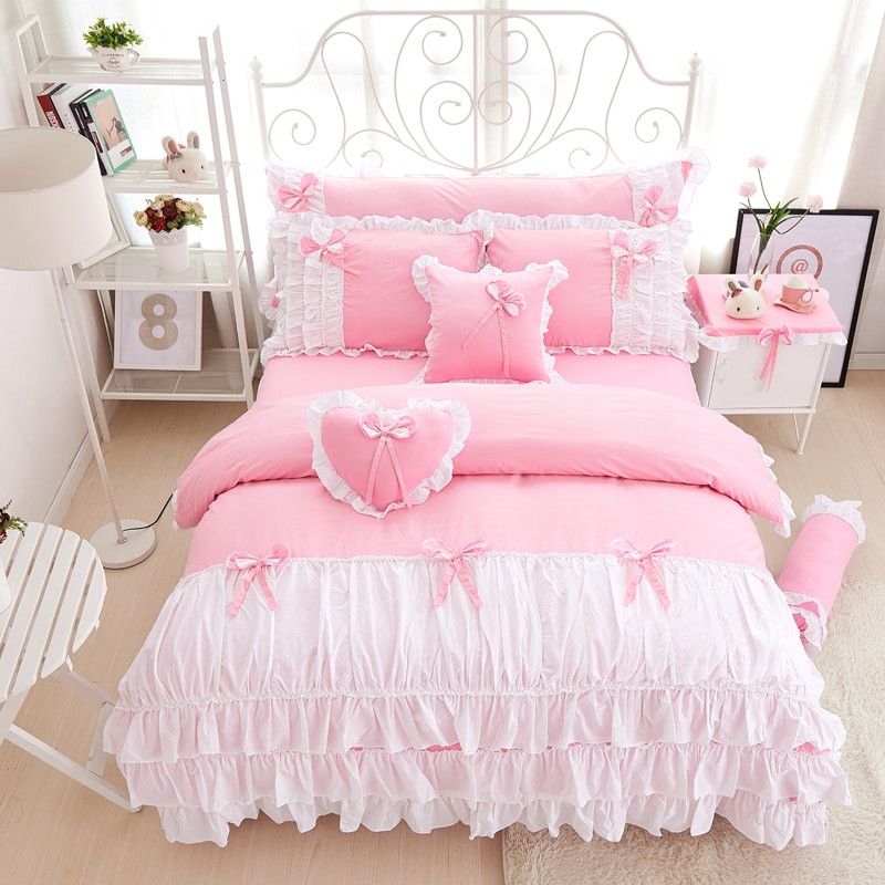 Girls Pink Bedroom Set
 Cotton Korea Princess Girls Bedding Set King Queen