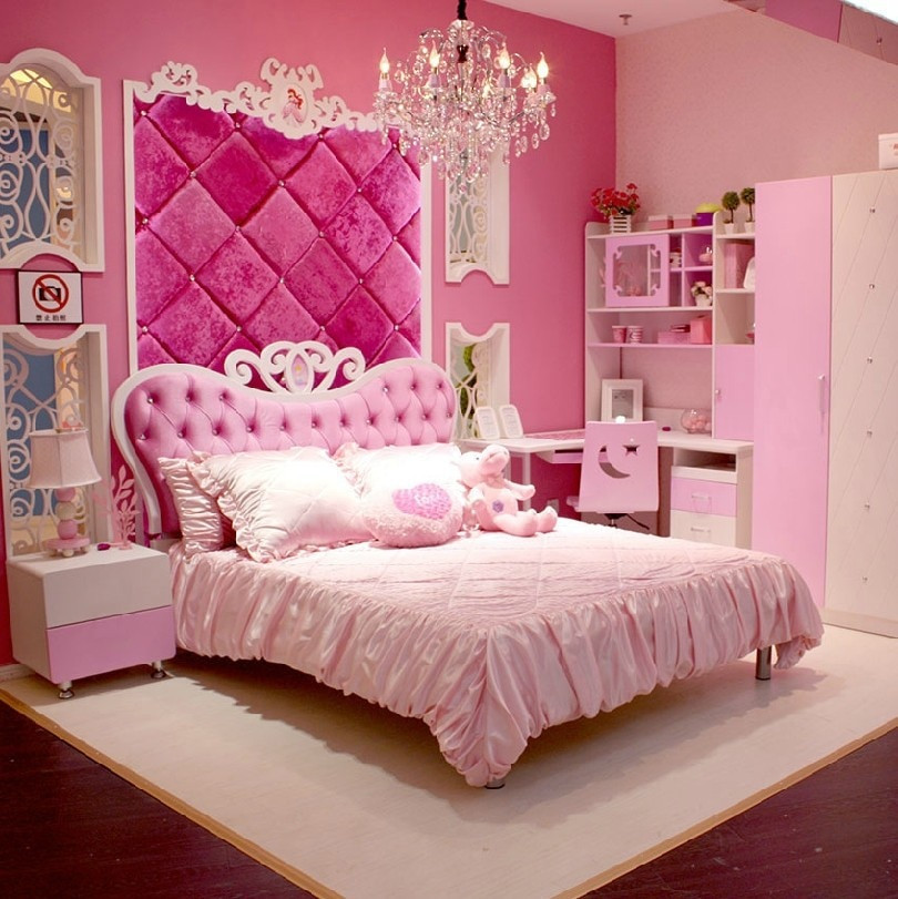 Girls Pink Bedroom Set
 European Style MDF Pink Princess Girl 4pcs Bedroom