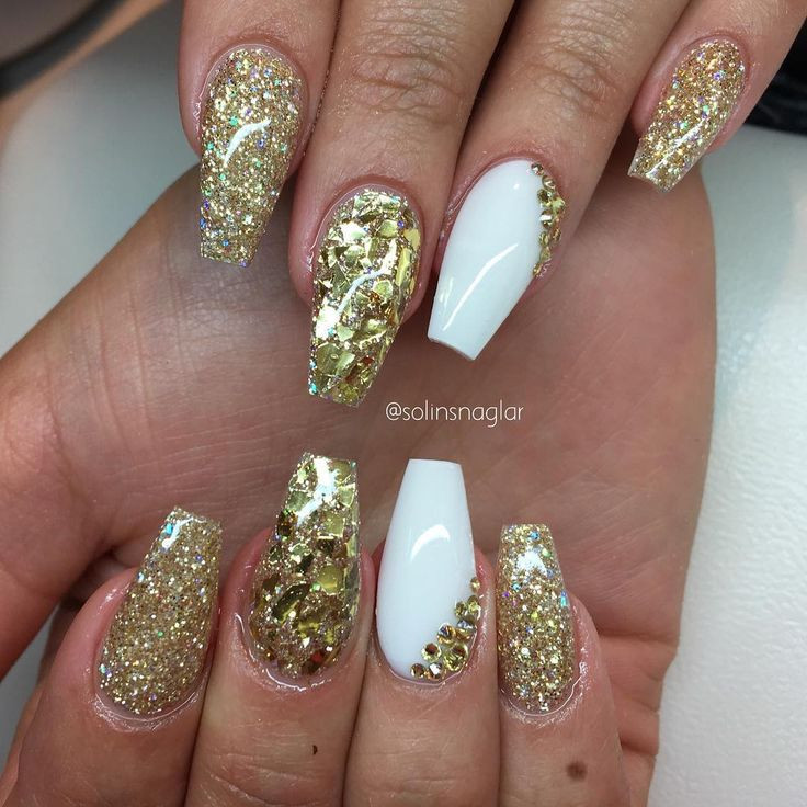 Glitter Gold Nails
 Gold Glitter Gold Flakes White Coffin Nails nail