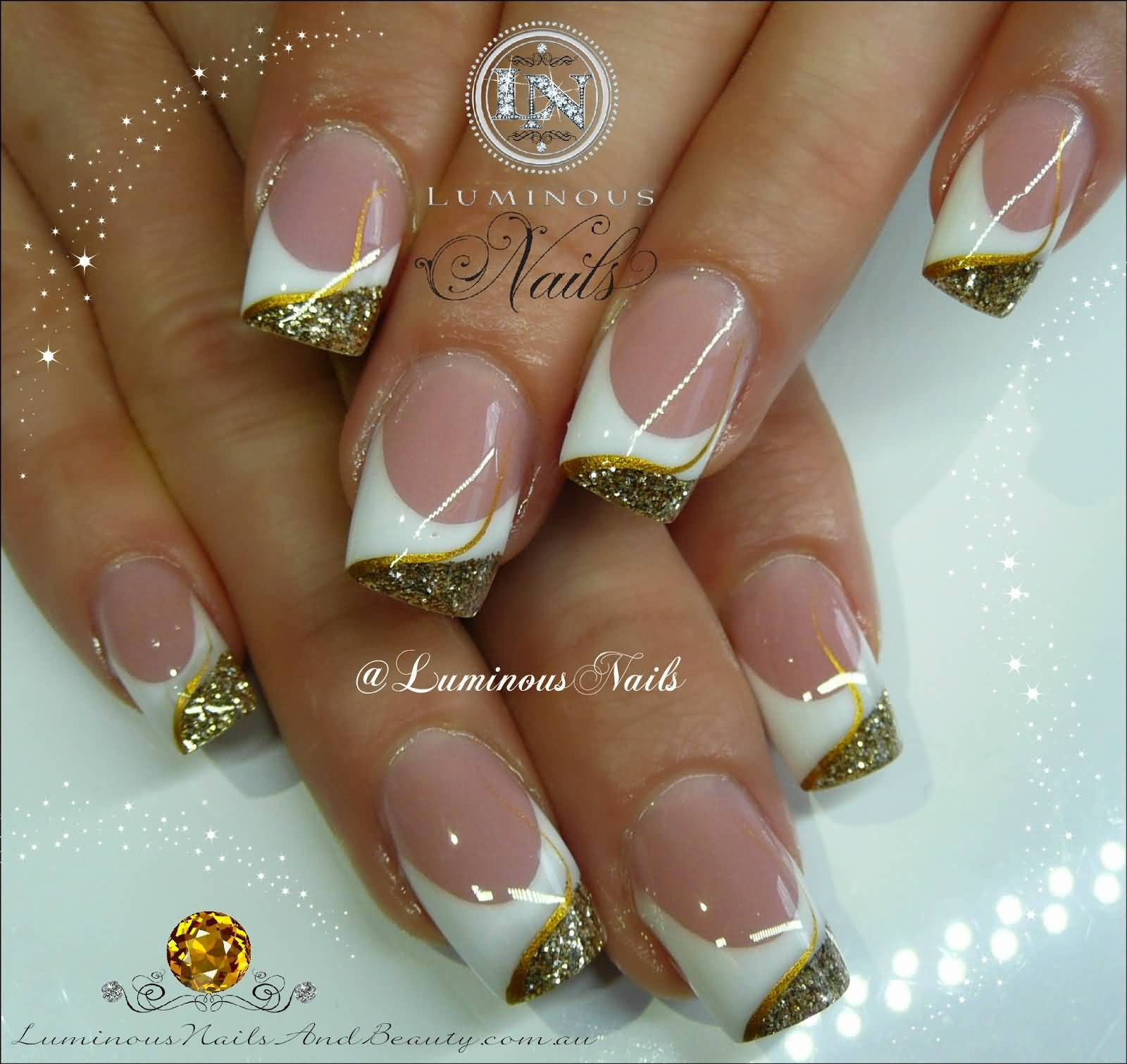 Glitter Gold Nails
 55 Stylish White And Gold Nail Art Design Ideas