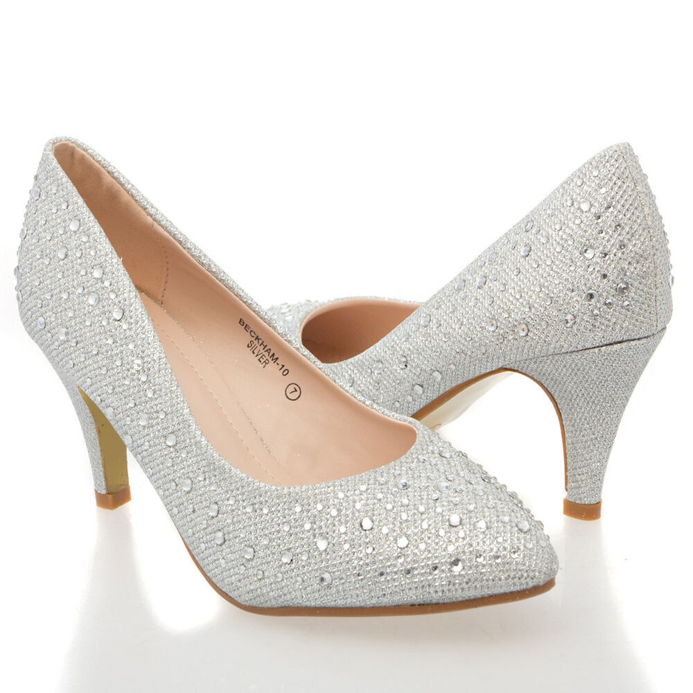 Glitter Wedding Shoes
 Women Silver Rhinestone Glitter Low Heel Wedding Bridal