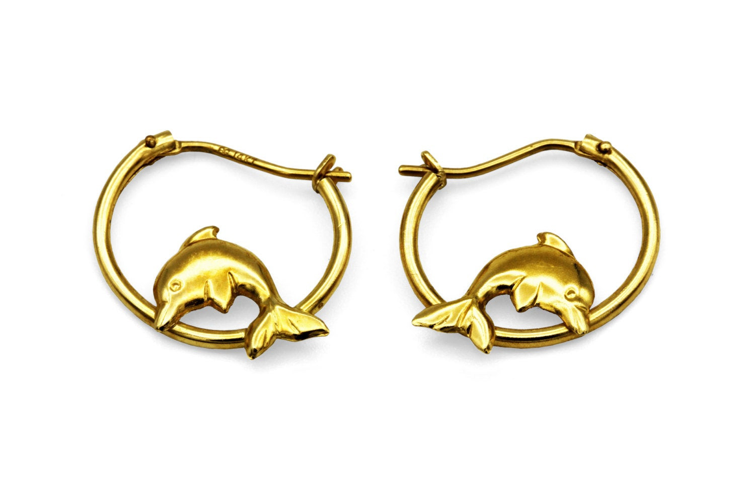 Gold Dolphin Earrings
 14Kt Gold Dolphin Hoop Earrings Yellow Gold Dolphin Hoops