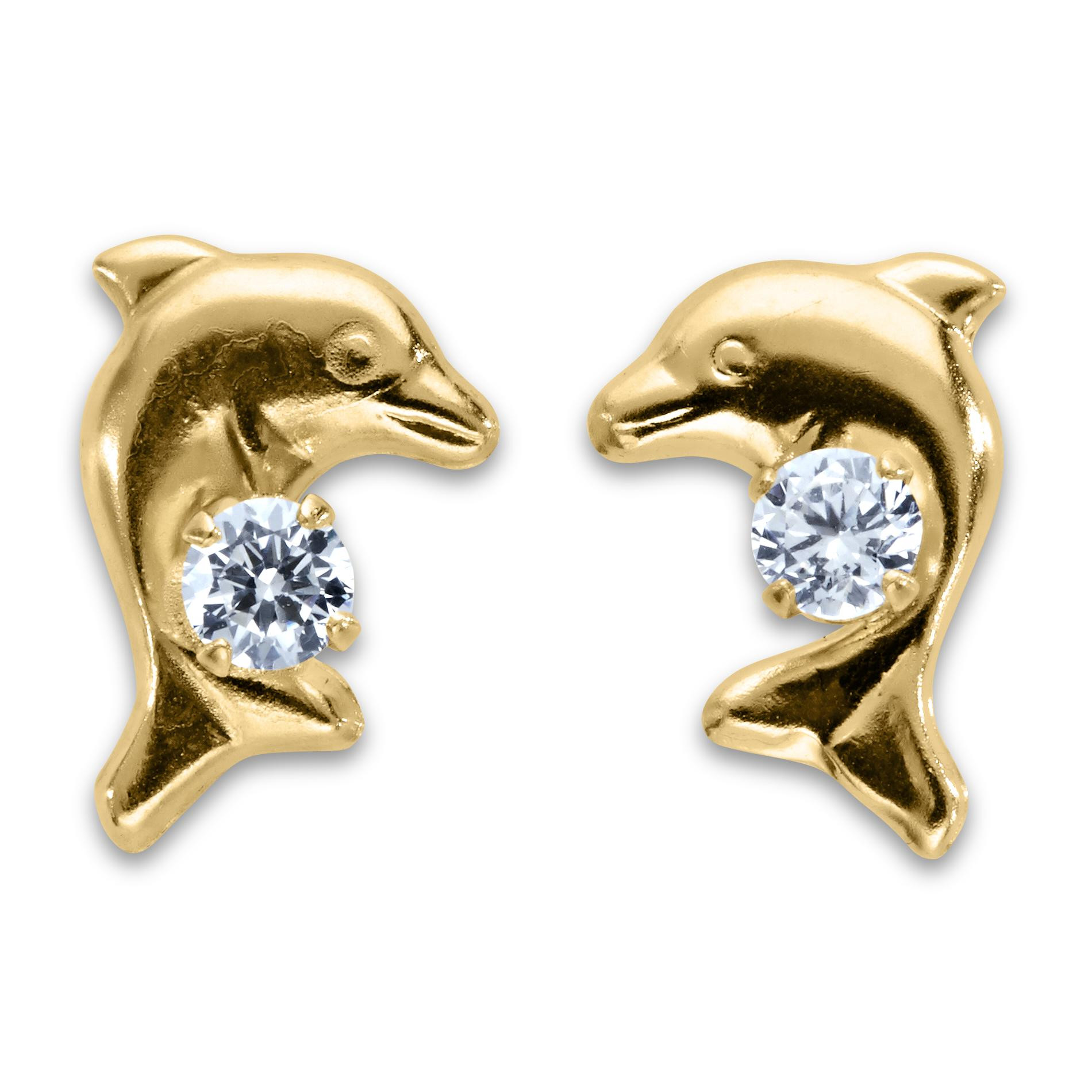 Gold Dolphin Earrings
 Girl s Round Cubic Zirconia 14k Yellow Gold Dolphin Post