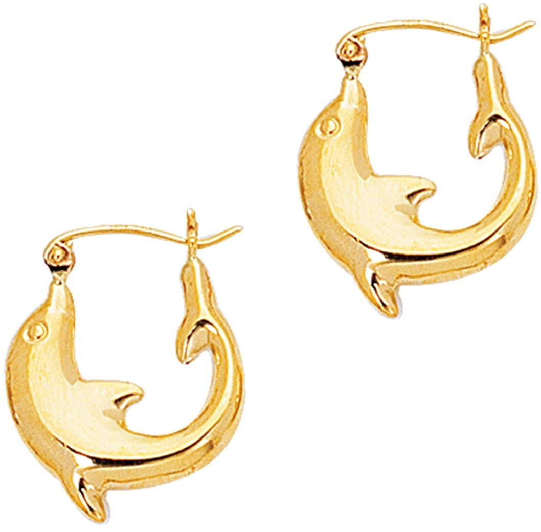 Gold Dolphin Earrings
 14K Yellow Gold Shiny Small Dolphin Symbolic Hoop Earrings