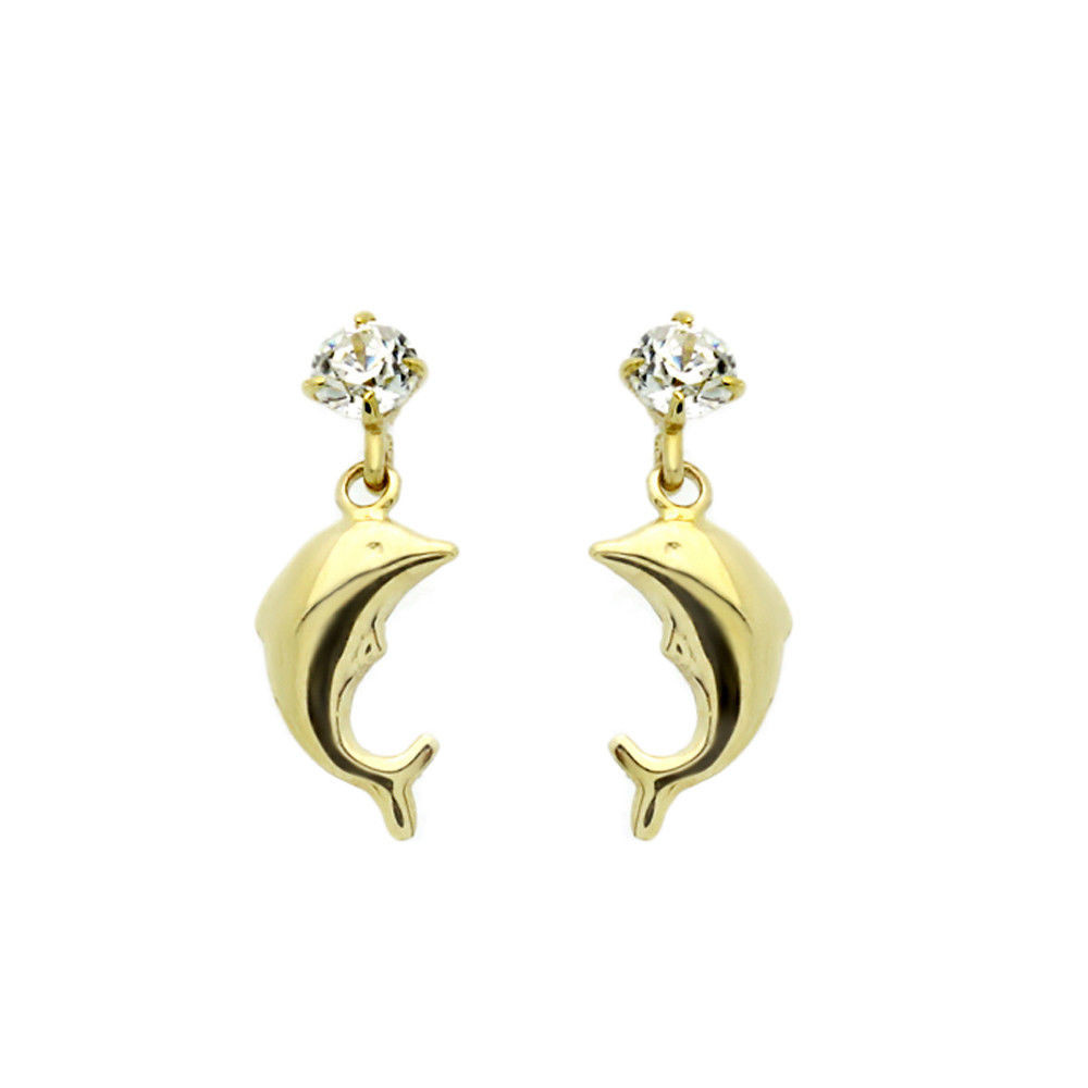 Gold Dolphin Earrings
 14K Yellow Gold Dolphin Dangle Screwback Stud Earrings
