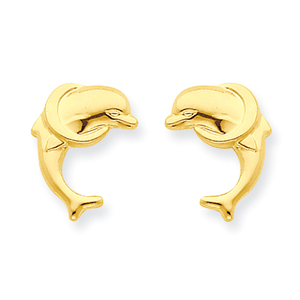 Gold Dolphin Earrings
 14K Yellow Gold Dolphin w Ring Stud Earrings Push Back