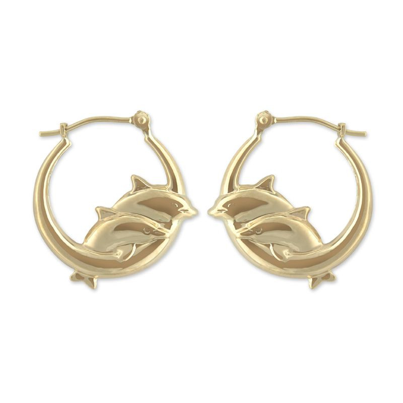 Gold Dolphin Earrings
 14k Yellow Gold Two Dolphin Hoop Earrings Jewelry Earrings