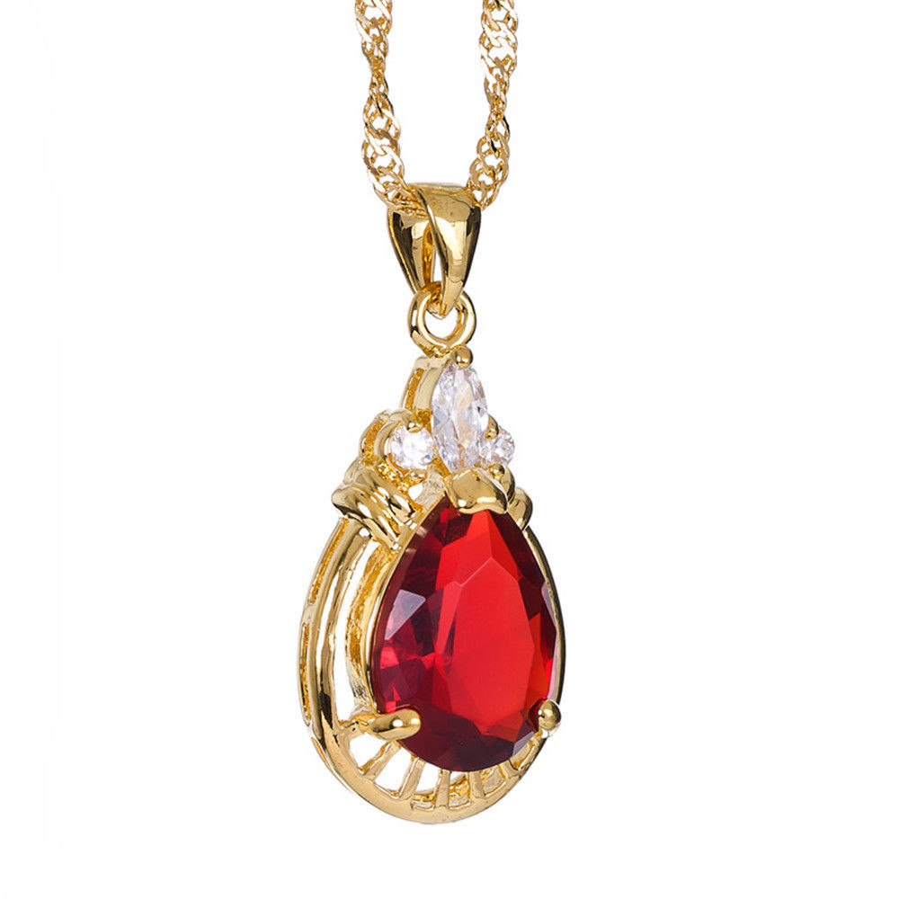 Gold Pendant Necklace
 Melina Jewelry Pear Cut Red Ruby Gold Tone Pendant