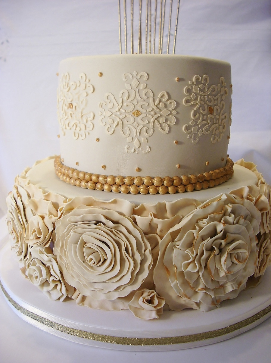 Golden Birthday Cake Ideas
 Two Tier Cake With Ruffle Roses And Golden Pearls For