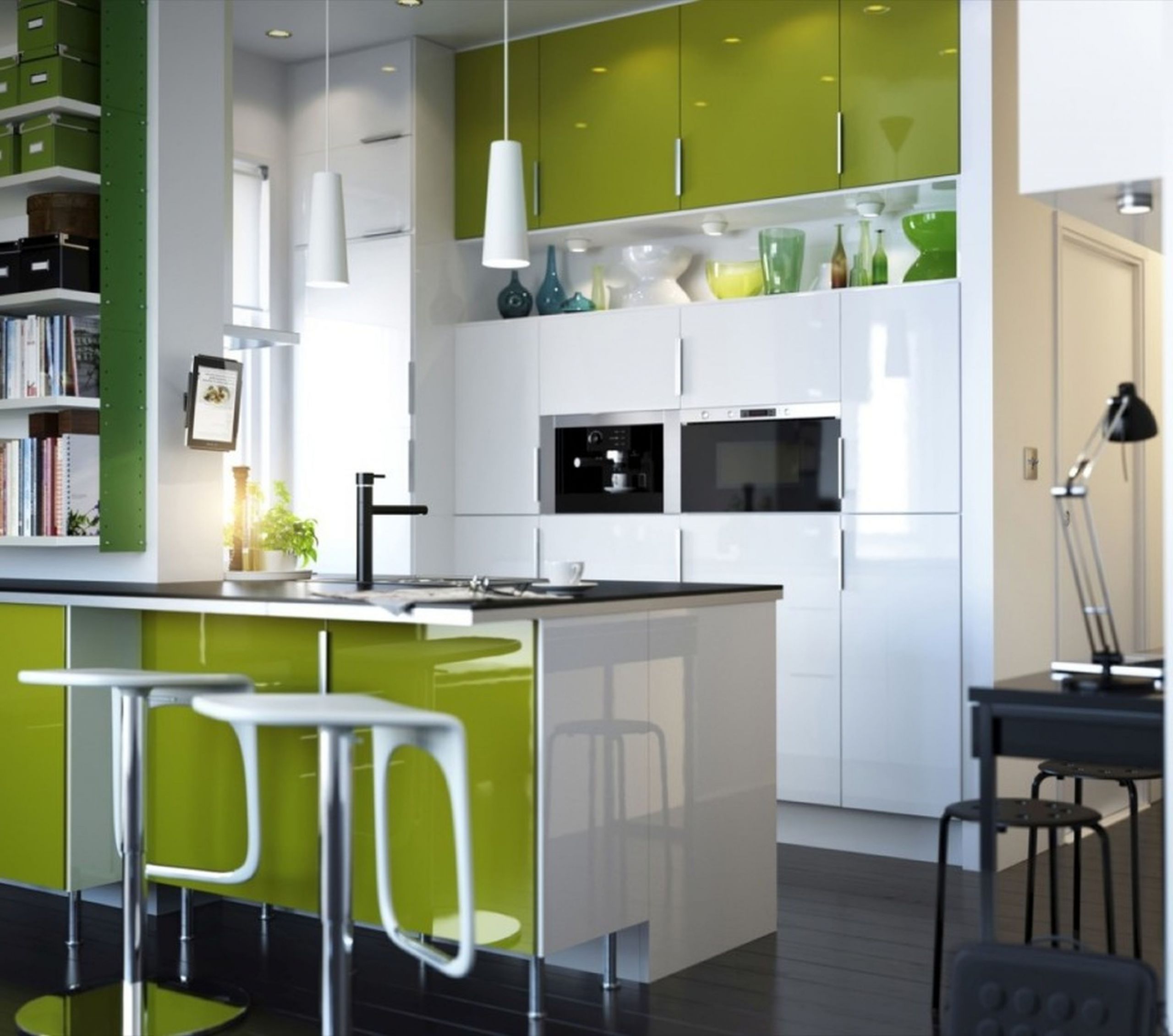 Green And White Kitchen
 Design White and Green Kitchen Interior with Quartz