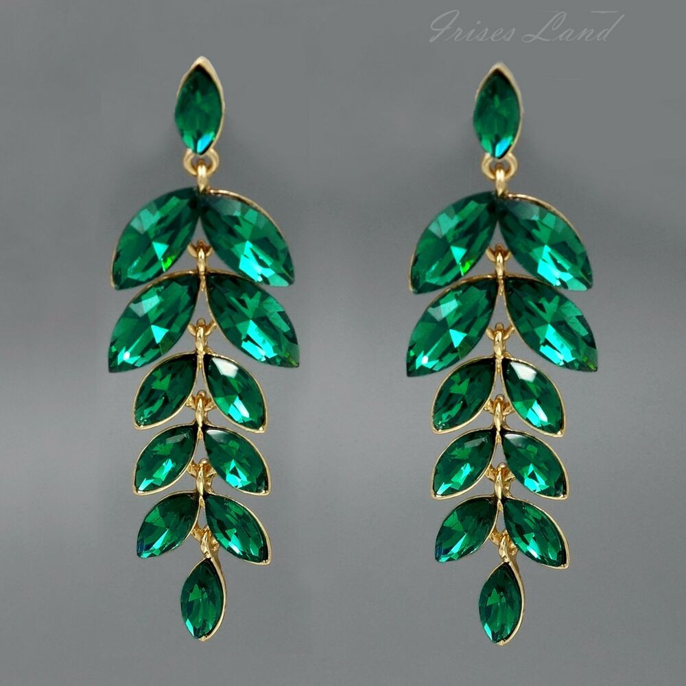 Green Drop Earrings
 18K Gold Plated Green Crystal Rhinestone Drop Dangle