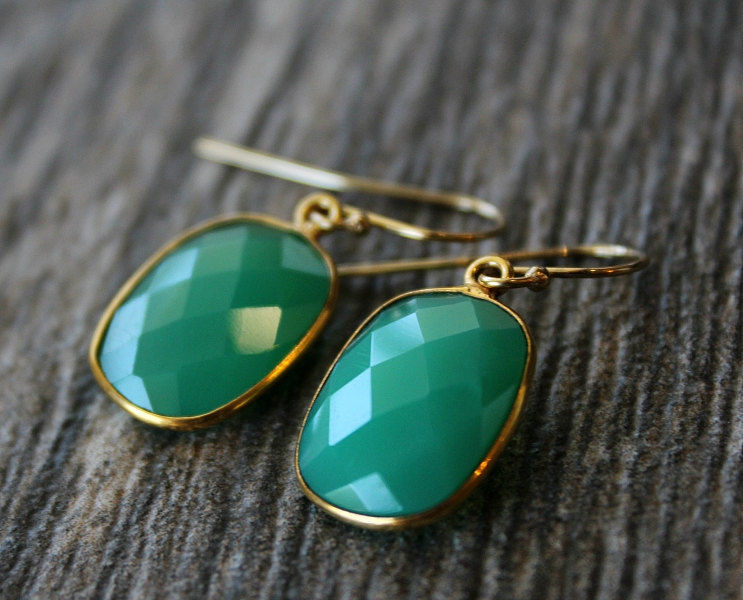 Green Drop Earrings
 Small Chrysoprase Green Chalcedony Drop Earrings Emerald