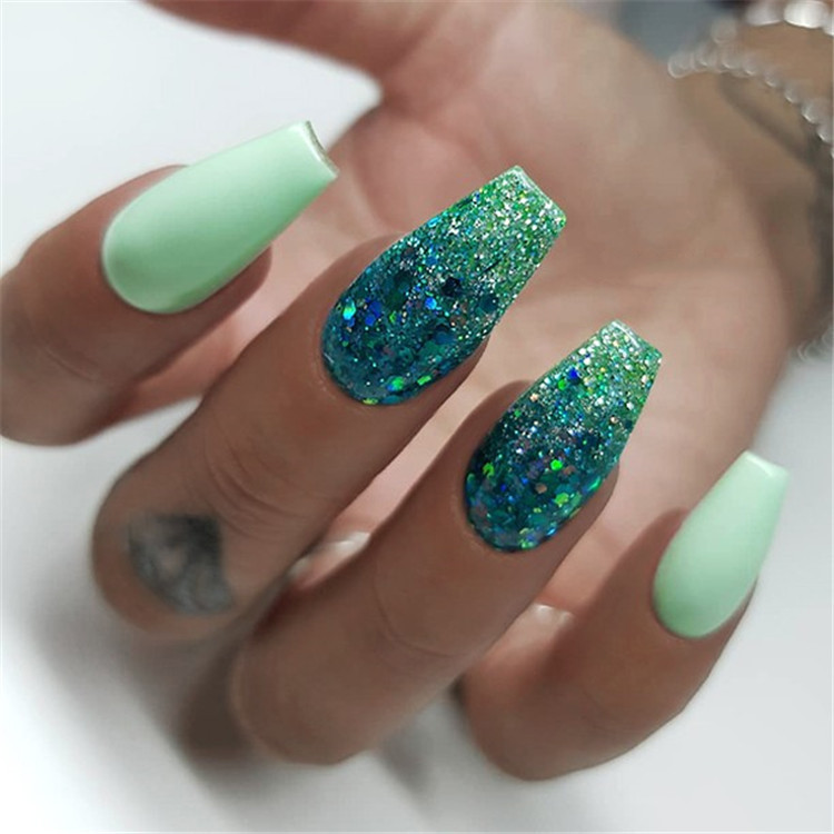 Green Glitter Nails
 70 Attractive Acrylic Green and Blue Glitter Coffin