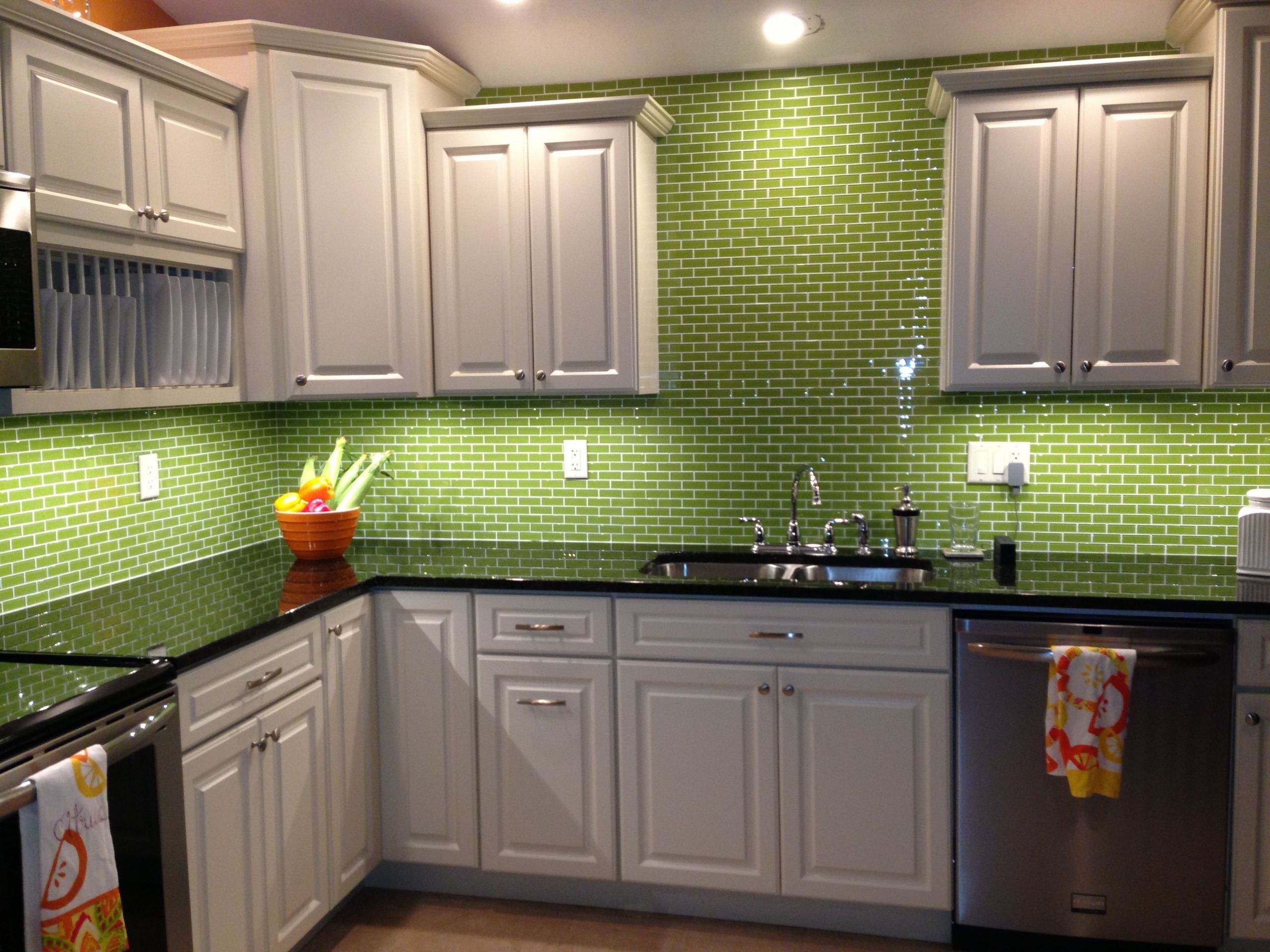 Green Tile Backsplash Kitchen
 Lime green glass subway tile backsplash kitchen With