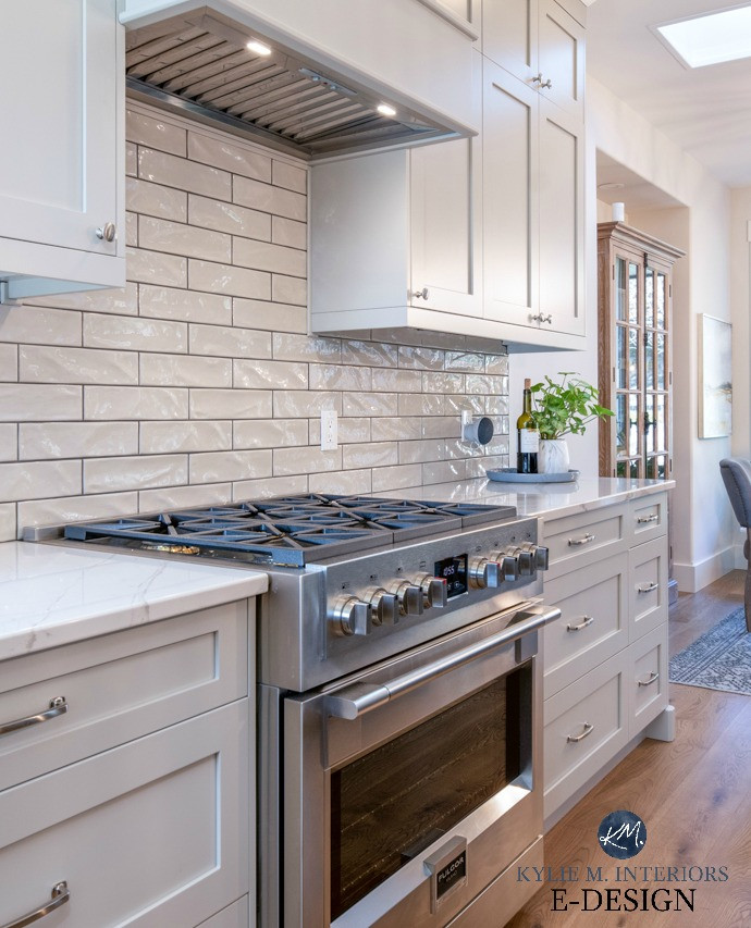 Grey Subway Tile Kitchen
 Warm gray painted kitchen cabinets with gray subway tile