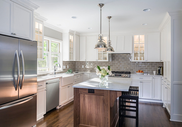 Grey Subway Tile Kitchen
 Kitchen with Gray Subway Tiles Transitional Kitchen