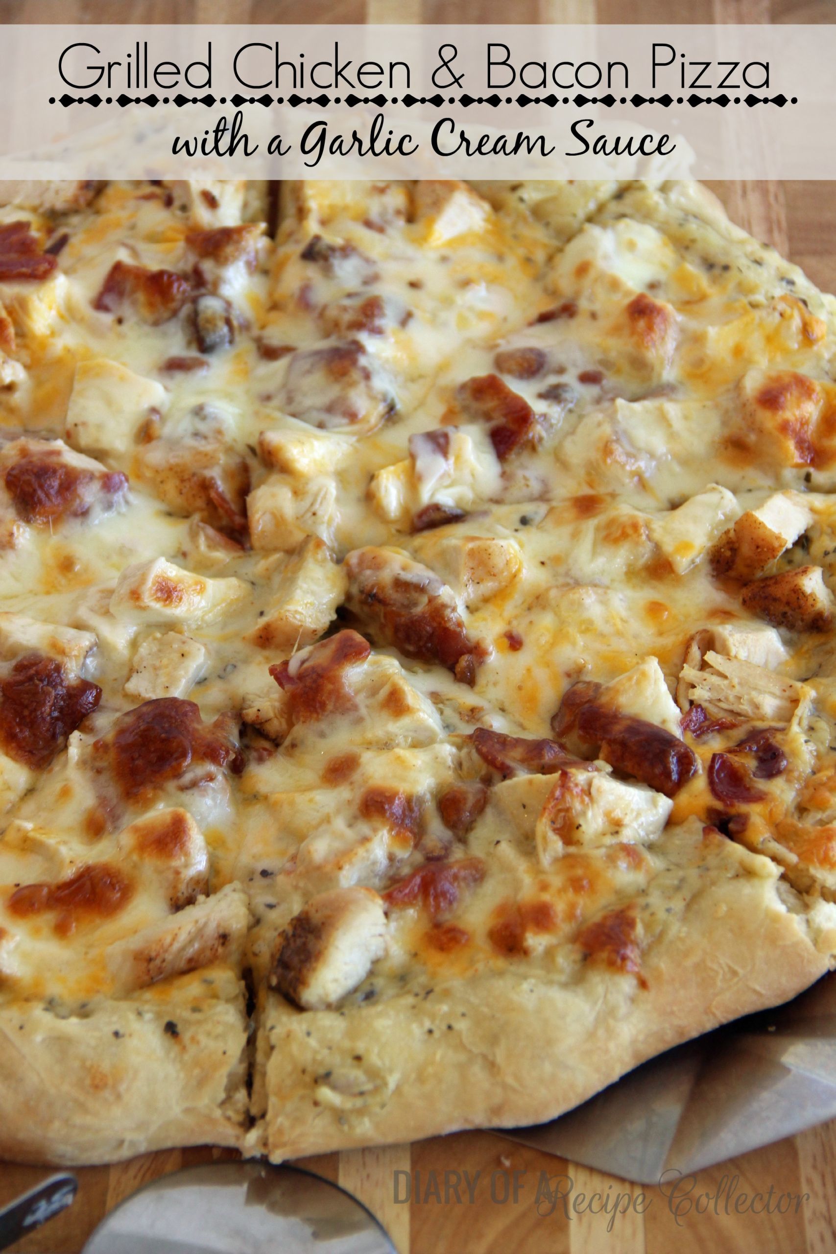 Grilled Chicken Pizza
 Grilled Chicken & Bacon Pizza with a Garlic Cream Sauce