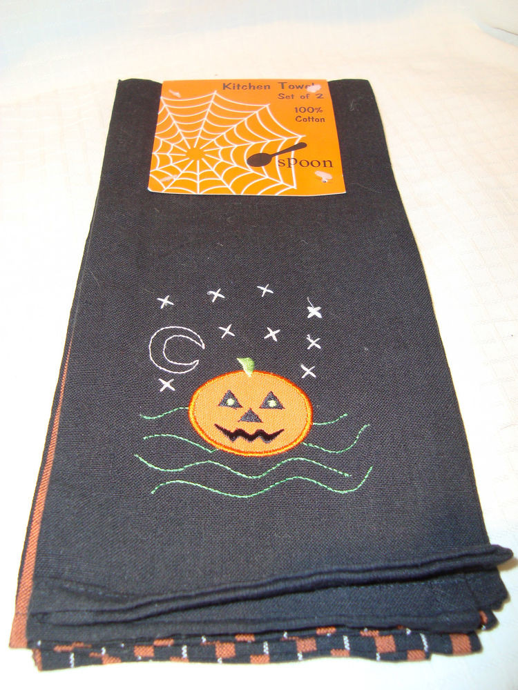 Halloween Kitchen Towels
 Set of 2 Halloween Pumpkin Black & Orange Cotton Kitchen